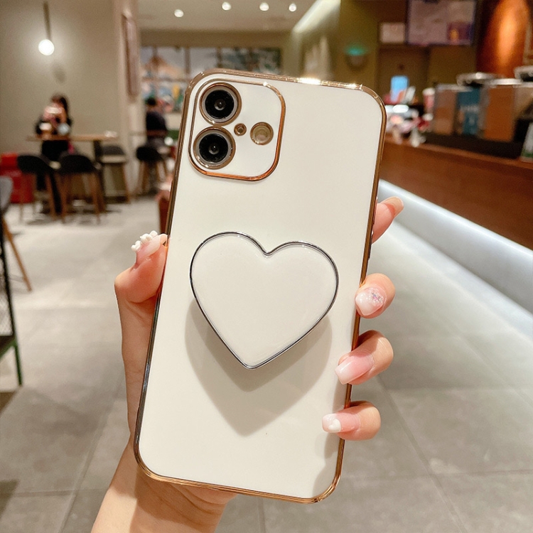 

For iPhone 16 Plus Electroplating Love Heart Holder TPU Phone Case(White)