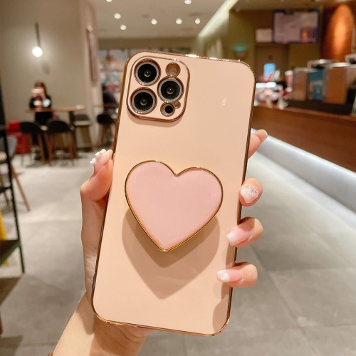 

For iPhone 16 Pro Electroplating Love Heart Holder TPU Phone Case(Pink)