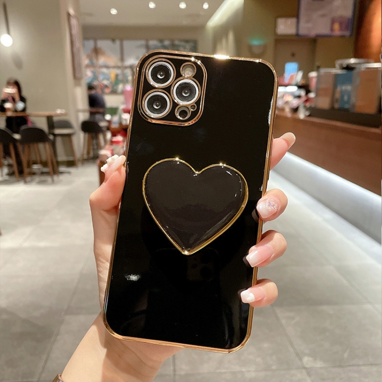 

For iPhone 16 Pro Electroplating Love Heart Holder TPU Phone Case(Black)