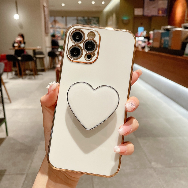 

For iPhone 16 Pro Electroplating Love Heart Holder TPU Phone Case(White)