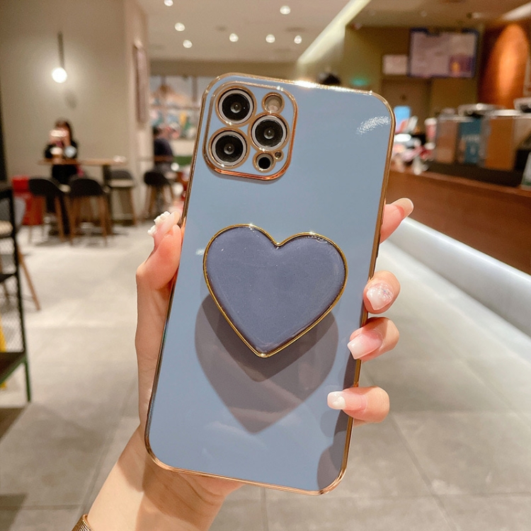 

For iPhone 16 Pro Electroplating Love Heart Holder TPU Phone Case(Blue)