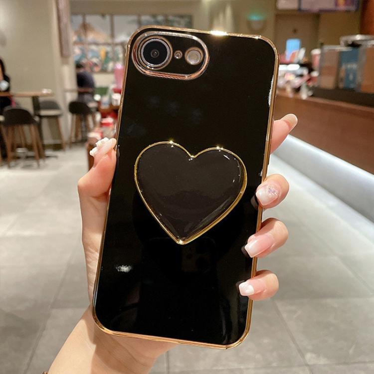 

For iPhone 16e Electroplating Love Heart Holder TPU Phone Case(Black)
