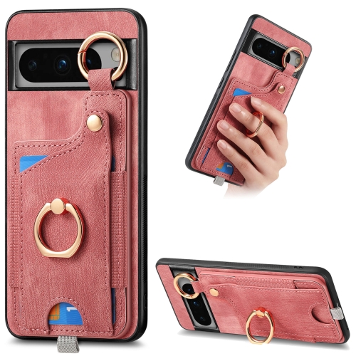 

For Google Pixel 8 Pro Retro Skin-feel Ring Card Bag Phone Case with Hang Loop(Pink)