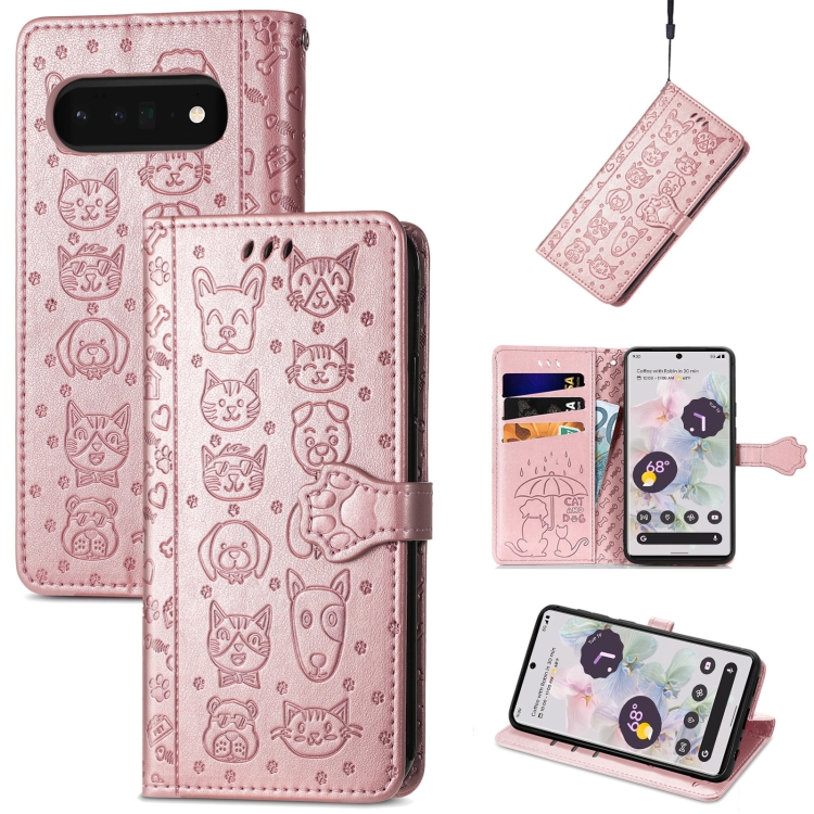 

For Google Pixel 6 Pro Cat and Dog Embossed Leather Phone Case(Rose Gold)