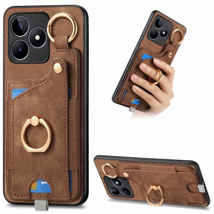 

For Realme C53 Retro Skin-feel Ring Card Bag Phone Case with Hang Loop(Brown)