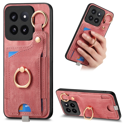 

For Xiaomi 14 Pro Retro Skin-feel Ring Card Bag Phone Case with Hang Loop(Pink)