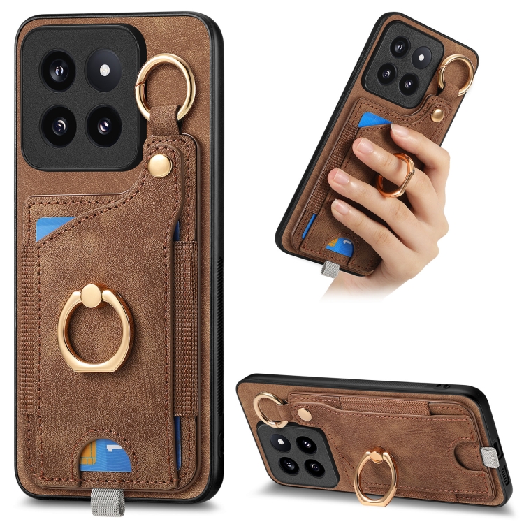 

For Xiaomi 14 Pro Retro Skin-feel Ring Card Bag Phone Case with Hang Loop(Brown)