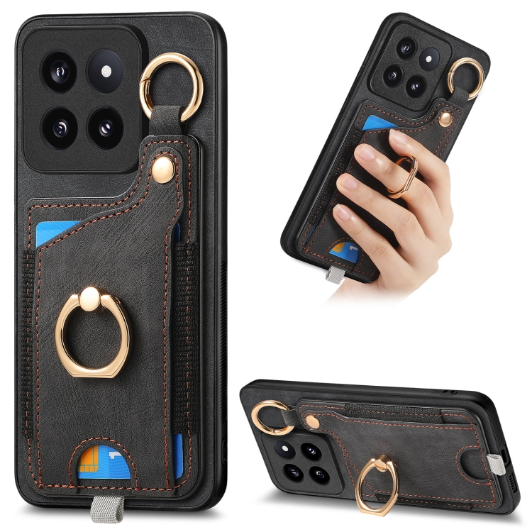 

For Xiaomi 14 Pro Retro Skin-feel Ring Card Bag Phone Case with Hang Loop(Black)