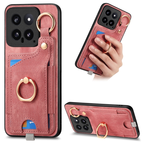 

For Xiaomi 14 Retro Skin-feel Ring Card Bag Phone Case with Hang Loop(Pink)