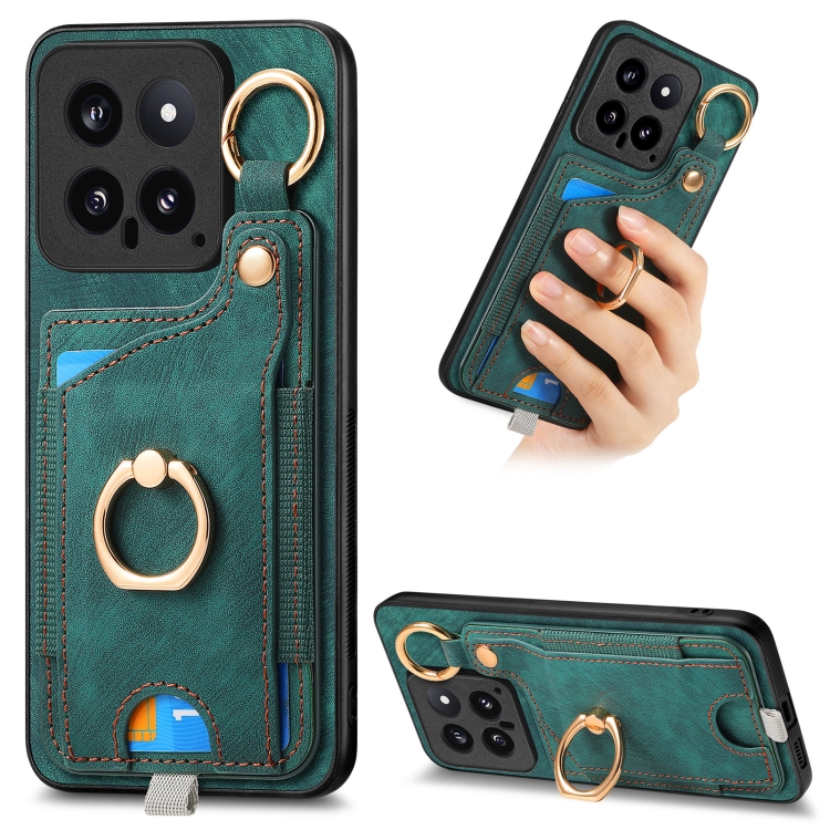 

For Xiaomi 14 Retro Skin-feel Ring Card Bag Phone Case with Hang Loop(Green)