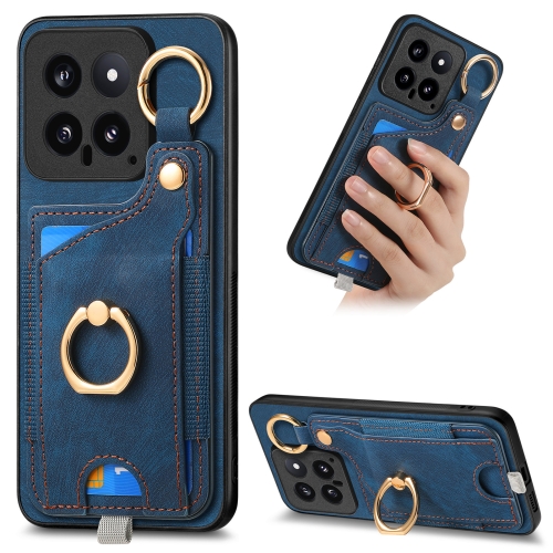 

For Xiaomi 14 Retro Skin-feel Ring Card Bag Phone Case with Hang Loop(Blue)