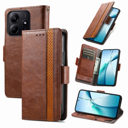 

For Xiaomi Redmi Note 14 5G CaseNeo Splicing Dual Magnetic Buckle Leather Phone Case(Brown)