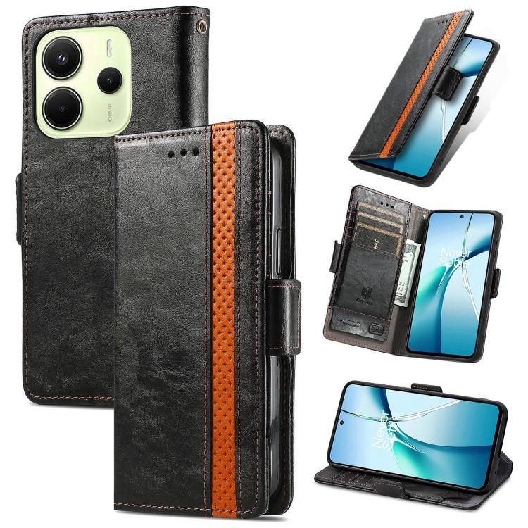

For Redmi Note 14 4G 164.84mm CaseNeo Splicing Dual Magnetic Buckle Leather Phone Case(Black)