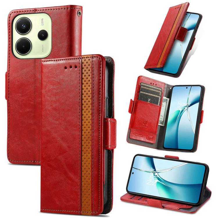 

For Redmi Note 14 4G 163.25mm CaseNeo Splicing Dual Magnetic Buckle Leather Phone Case(Red)