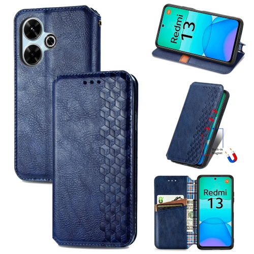 

For Redmi 13 4G Cubic Grid Pressed Magnetic Leather Phone Case(Blue)