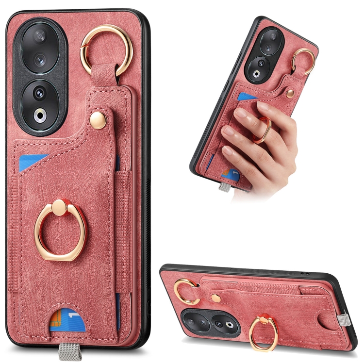 

For Honor 90 Retro Skin-feel Ring Card Bag Phone Case with Hang Loop(Pink)