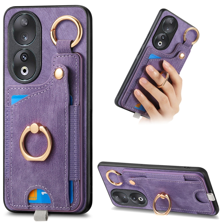 

For Honor 90 Retro Skin-feel Ring Card Bag Phone Case with Hang Loop(Purple)