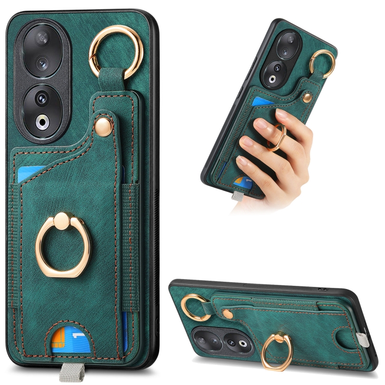 

For Honor 90 Retro Skin-feel Ring Card Bag Phone Case with Hang Loop(Green)