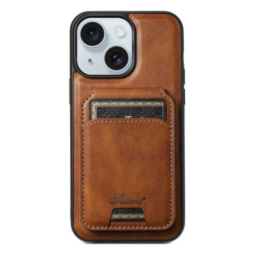 

For iPhone 15 Plus Suteni H15 MagSafe Oil Eax Leather Detachable Wallet Back Phone Case(Brown)