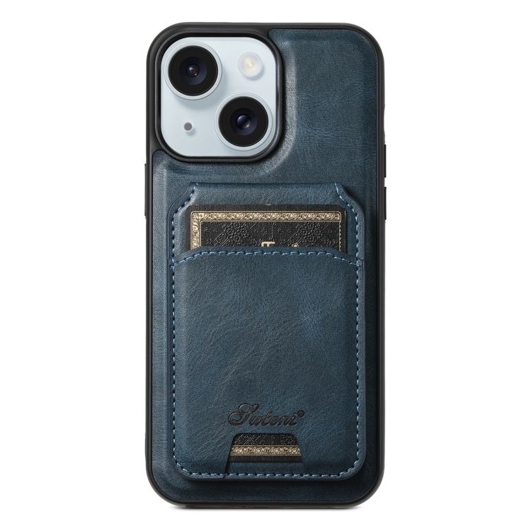 

For iPhone 15 Plus Suteni H15 MagSafe Oil Eax Leather Detachable Wallet Back Phone Case(Blue)