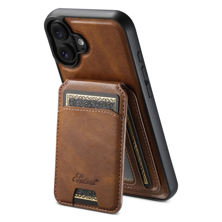 

For iPhone 16 Suteni H15 MagSafe Oil Eax Leather Detachable Wallet Back Phone Case(Brown)