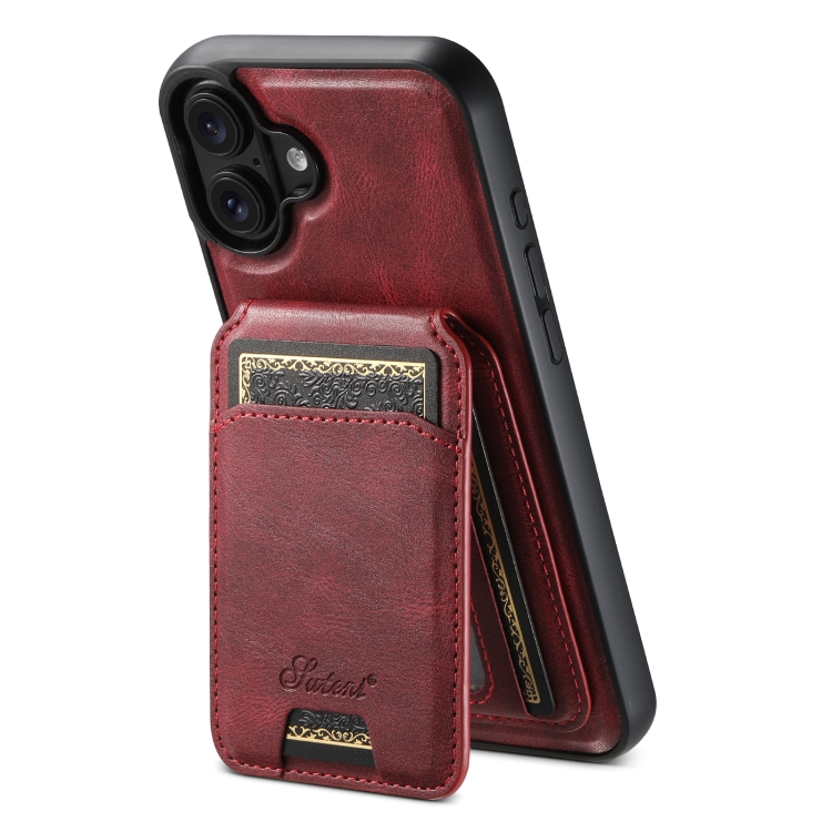 

For iPhone 16 Suteni H15 MagSafe Oil Eax Leather Detachable Wallet Back Phone Case(Red)