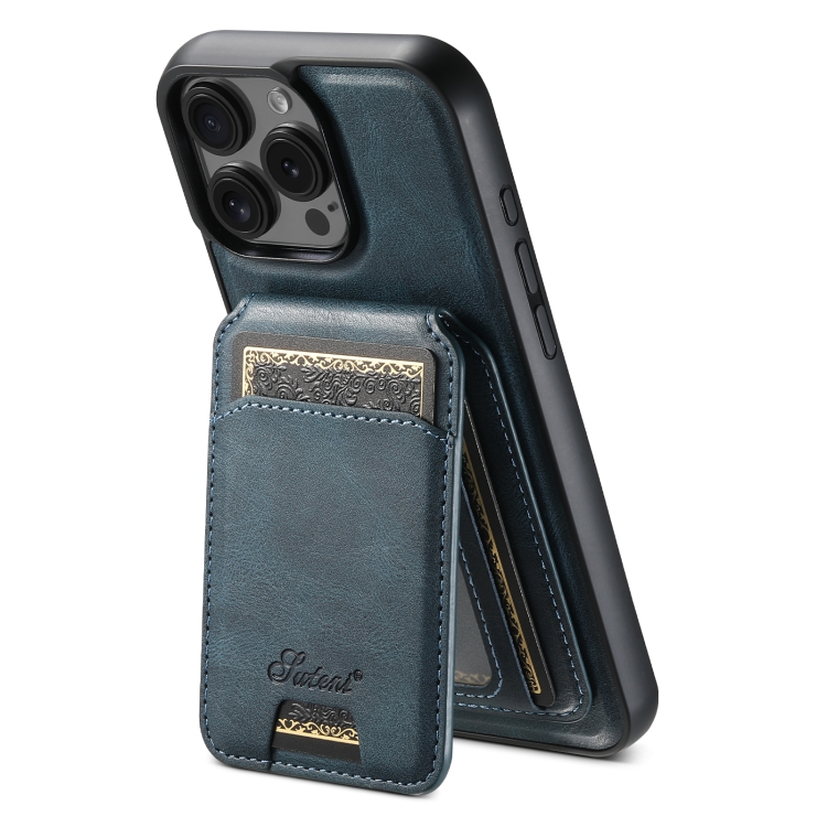 

For iPhone 16 Pro Suteni H15 MagSafe Oil Eax Leather Detachable Wallet Back Phone Case(Blue)