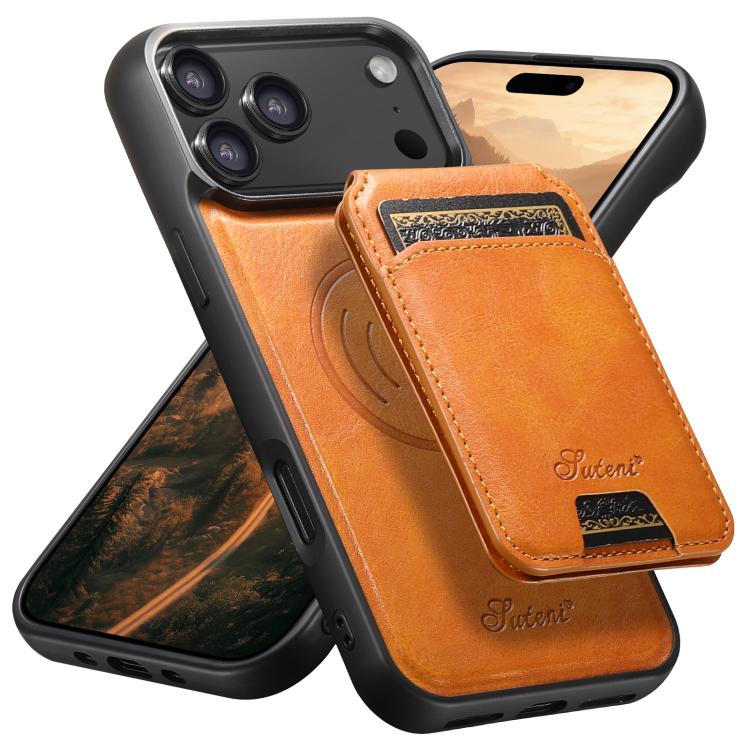 For iPhone 18 Pro Max Suteni H15 MagSafe Oil Eax Leather Detachable Wallet Back Phone Case(Khaki)
