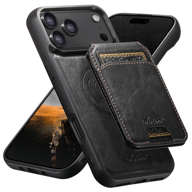 For iPhone 18 Pro Suteni H15 MagSafe Oil Eax Leather Detachable Wallet Back Phone Case(Black)