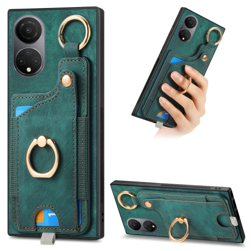

For Honor X7 Retro Skin-feel Ring Card Bag Phone Case with Hang Loop(Green)