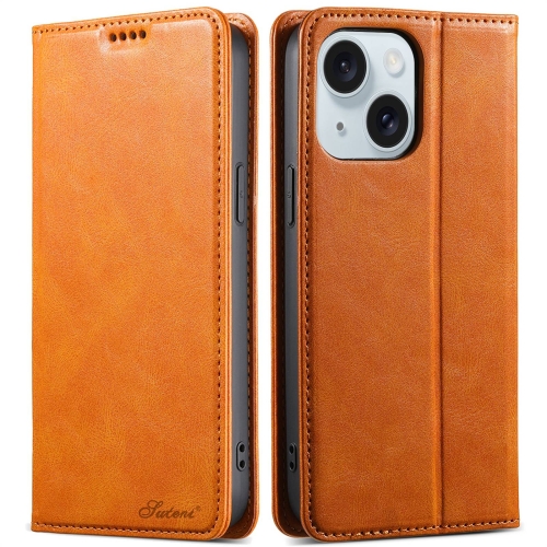 

For iPhone 15 Plus Suteni J02 Oil Wax Wallet Leather Phone Case(Khaki)