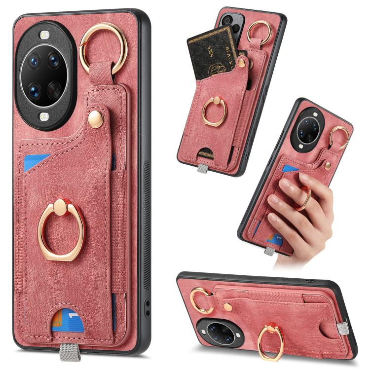 

For Huawei nova 14 Ultra Retro Skin-feel Ring Card Bag Phone Case with Hang Loop(Pink)