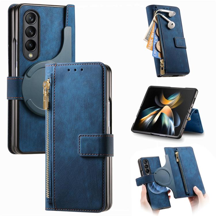 

For Samsung Galaxy Z Fold4 Retro MagSafe Magnetic Zipper Wallet Leather Phone Case(Blue)