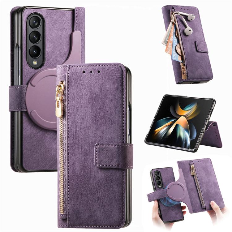 

For Samsung Galaxy Z Fold4 Retro MagSafe Magnetic Zipper Wallet Leather Phone Case(Purple)