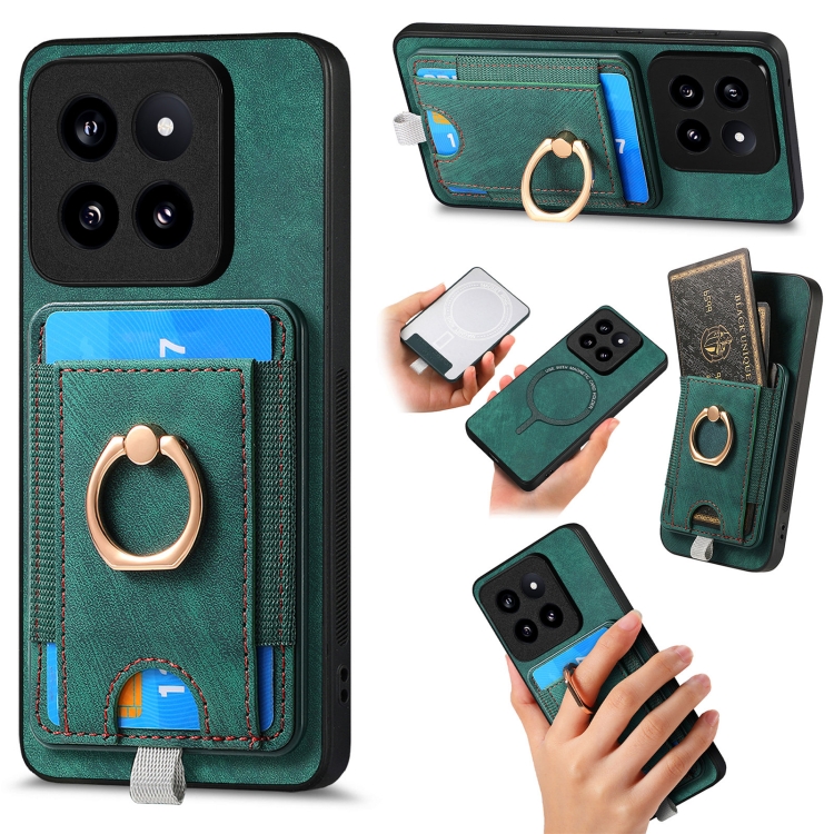 

For Xiaomi 14 Pro Retro Splitable Magnetic Card Bag Leather Phone Case(Green)
