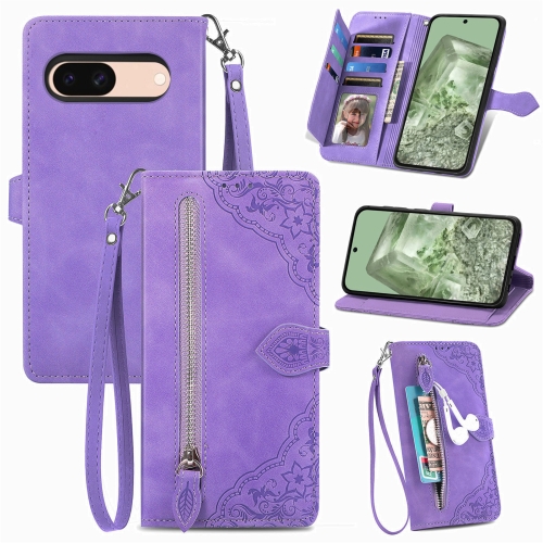 

For Google Pixel 5 Embossed Flower Zipper Leather Phone Case(Purple)