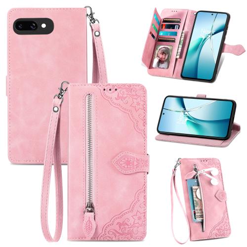 

For Google Pixel 9a Embossed Flower Zipper Leather Phone Case(Pink)