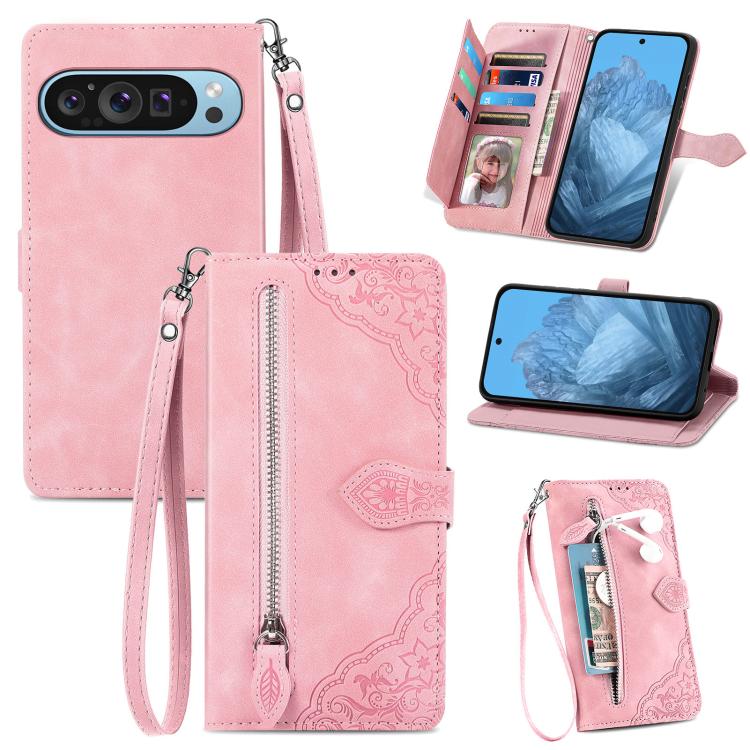 

For Google Pixel 10 Pro XL Embossed Flower Zipper Leather Phone Case(Pink)