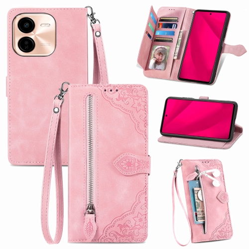 

For vivo Y37 Pro Embossed Flower Zipper Leather Phone Case(Pink)