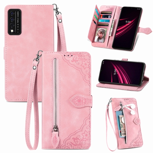 

For T-Mobile REVVL V+ 5G Embossed Flower Zipper Leather Phone Case(Pink)