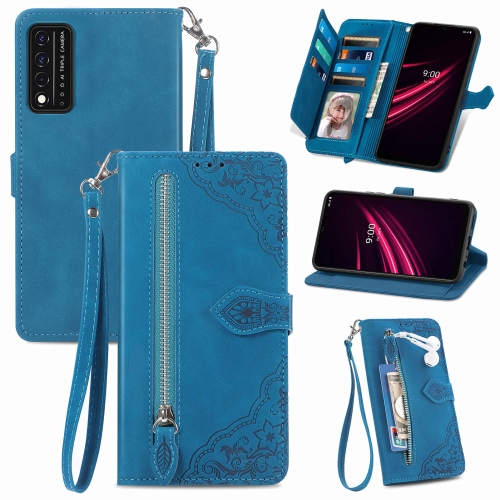 

For T-Mobile REVVL V+ 5G Embossed Flower Zipper Leather Phone Case(Blue)