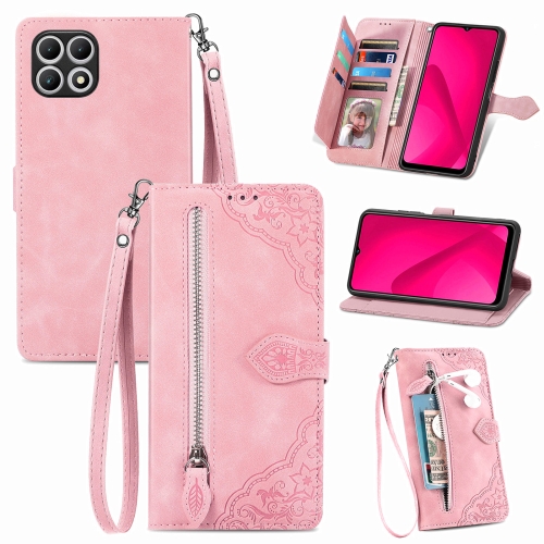 

For T-Mobile T Phone 2 5G Embossed Flower Zipper Leather Phone Case(Pink)