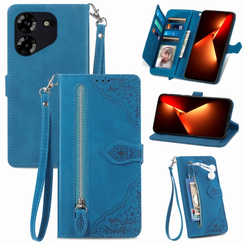 

For Tecno Pova 5 4G Embossed Flower Zipper Leather Phone Case(Blue)