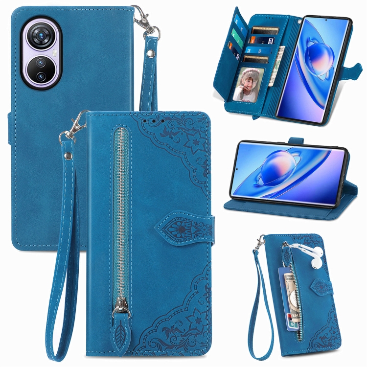 

For Blackview A200 Pro Embossed Flower Zipper Leather Phone Case(Blue)