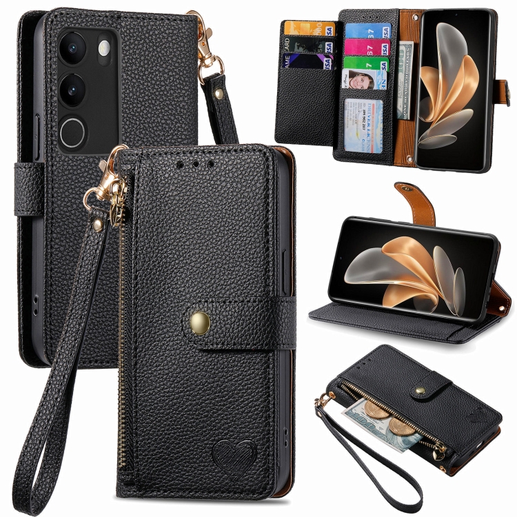 

For vivo V29 5G Love Zipper Lanyard Leather Phone Case(Black)