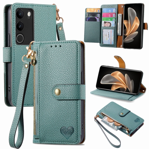 

For vivo V29 5G Love Zipper Lanyard Leather Phone Case(Green)