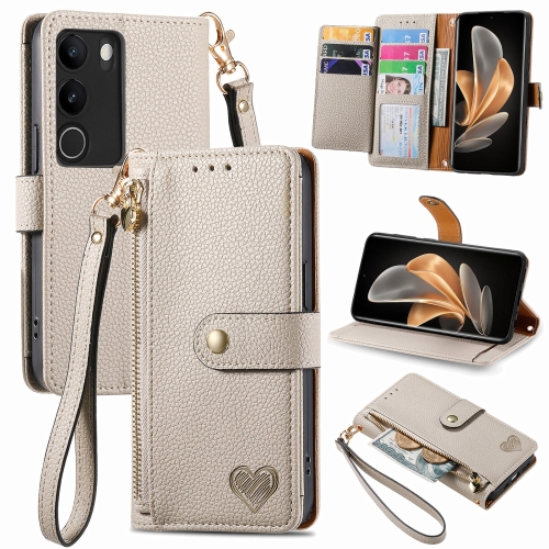 

For vivo V29 5G Love Zipper Lanyard Leather Phone Case(Gray)