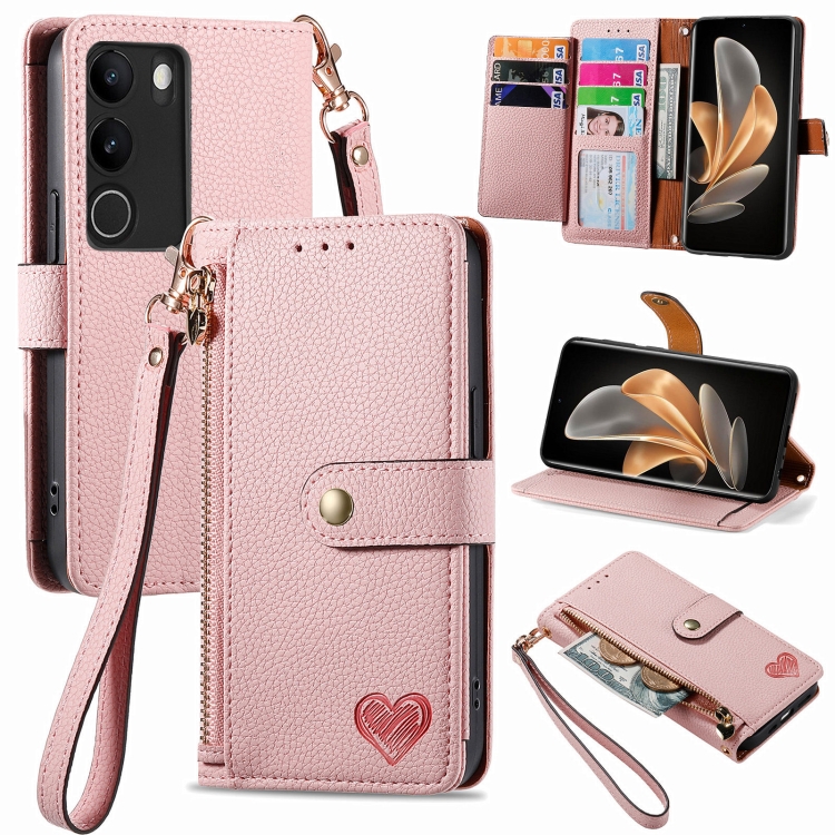 

For vivo V29 5G Love Zipper Lanyard Leather Phone Case(Pink)