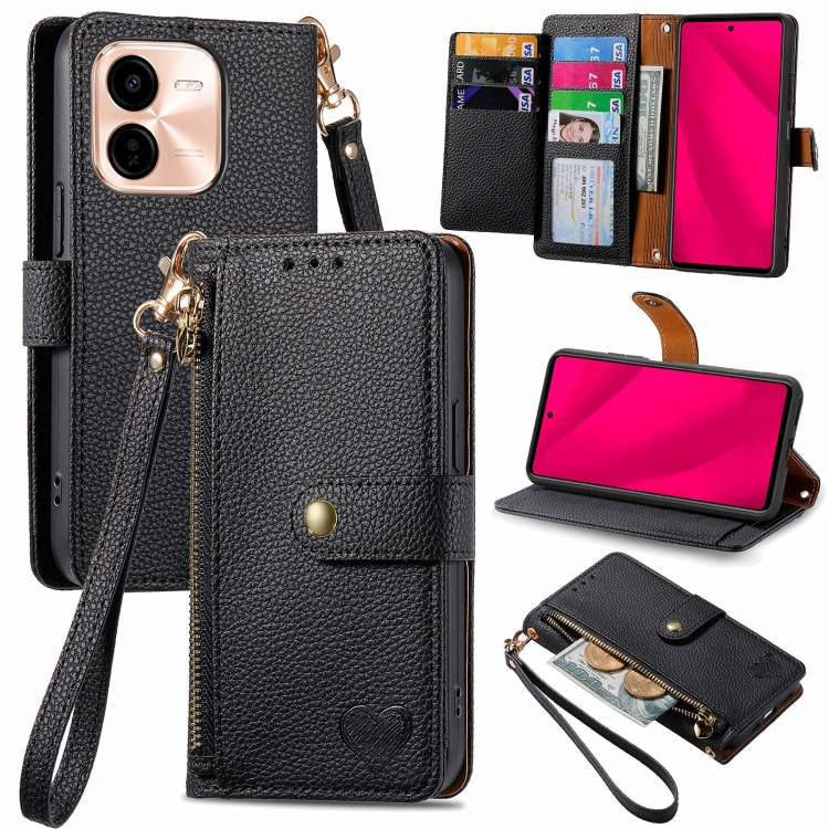 

For vivo Y37 Pro Love Zipper Lanyard Leather Phone Case(Black)
