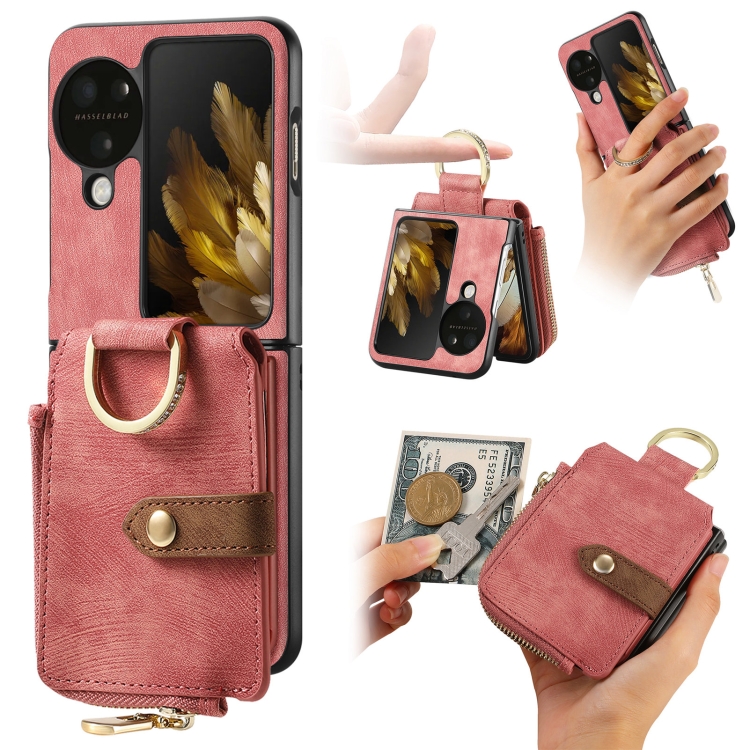 

For OPPO Find N3 Retro Skin-feel Ring Multi-card Wallet Phone Case(Pink)